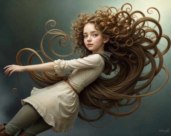 Young girl in mid-air with curly hair and beige dress