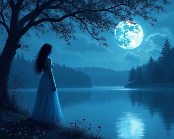 Serene Night Scene by a Tranquil Lake with Moonlight