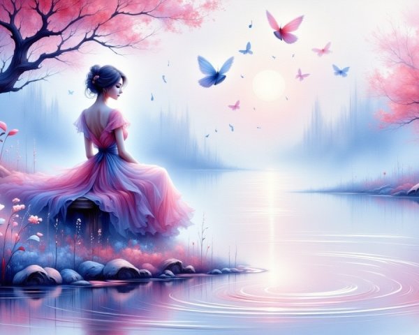 Young Woman in Pink Dress by Tranquil Lake at Sunset