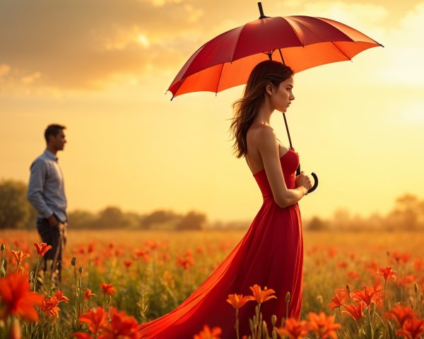 Woman in Red Dress in Vibrant Flower Field at Sunset
