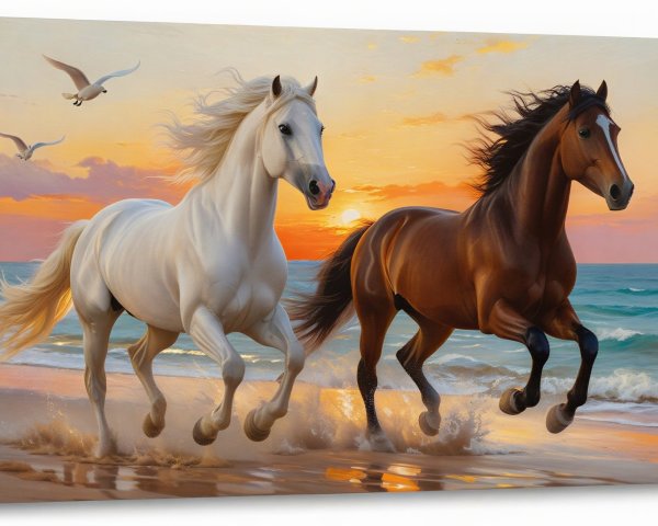 Horses Galloping Through Water at Sunset on Beach