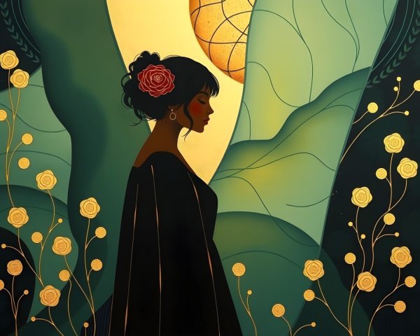 Silhouette of a Woman with Rose and Foliage Background