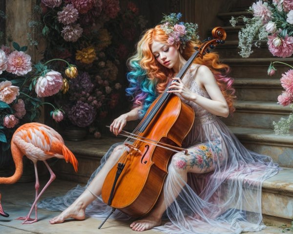 Young Woman Playing Cello on Marble Staircase with Flamingo