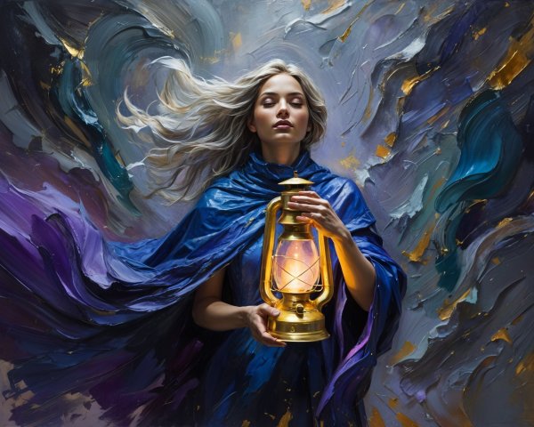 Mystical woman in blue with glowing lantern and abstract background