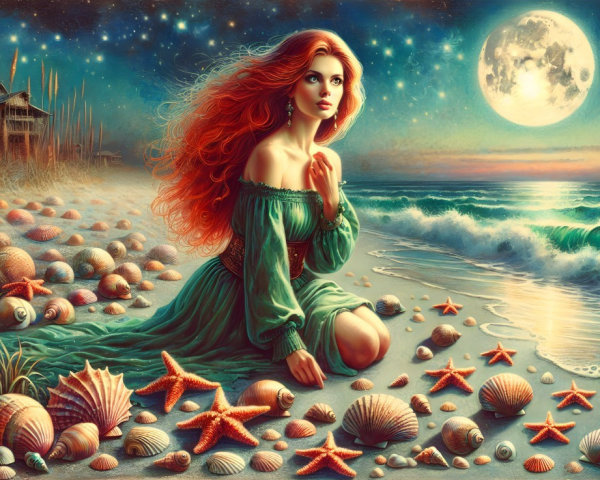Serene Beach Scene with Moonlight and Seashells