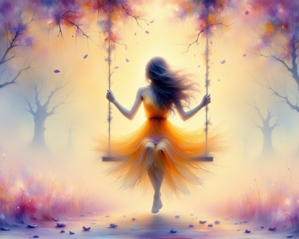 Young Woman in Orange Dress on a Swing in Nature