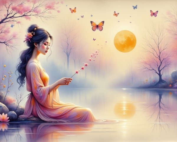 Young Woman by Tranquil Lake at Twilight