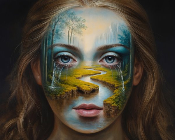 Young Woman's Face Merged with Serene Landscape