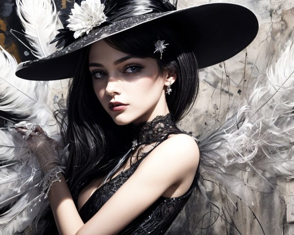 Elegant figure with dark hair and feathered wings