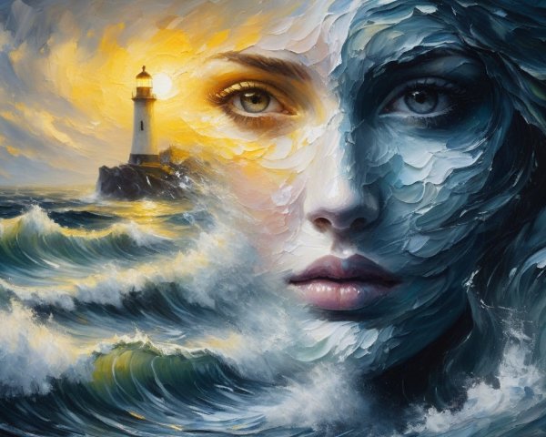 Fusion of Woman's Face and Ocean Waves in Artwork