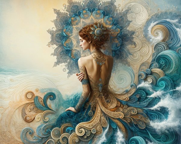 Intricate gown design with oceanic patterns and waves