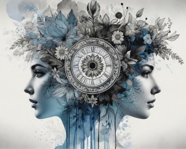 Silhouettes of Women's Faces with Floral Designs and Clock