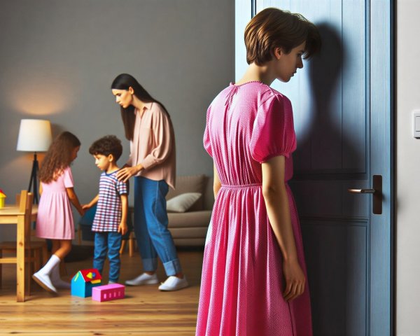 Woman in Pink Dress by Blue Door with Family Scene