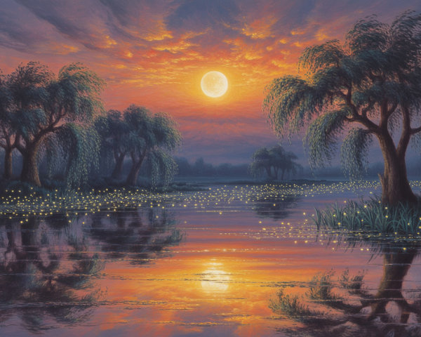 Twilight River Scene with Sunset and Full Moon