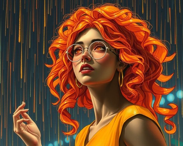Young woman with orange hair in golden rain backdrop