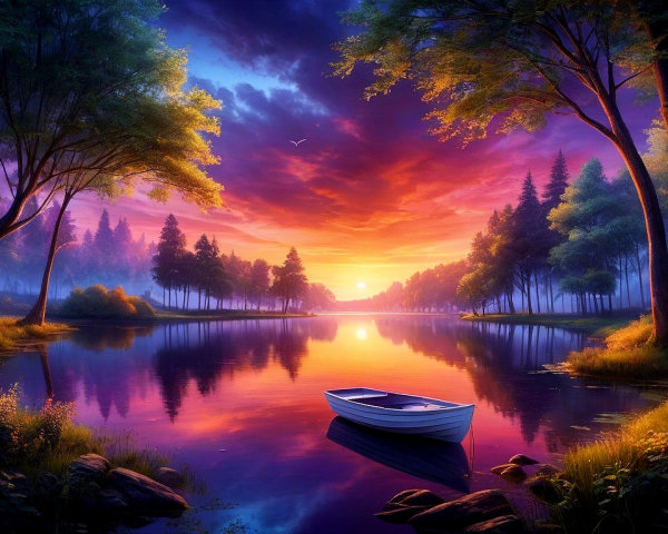 Twilight Landscape with Lake and Colorful Sky