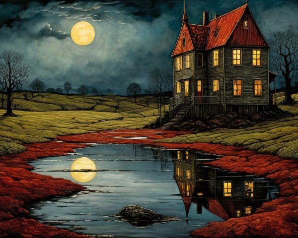 Solitary House by Reflective Pond Under Full Moon