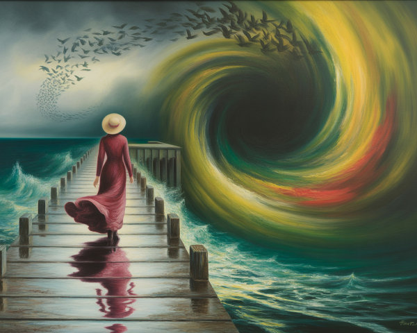 Woman in Red Dress on Pier with Colorful Swirl