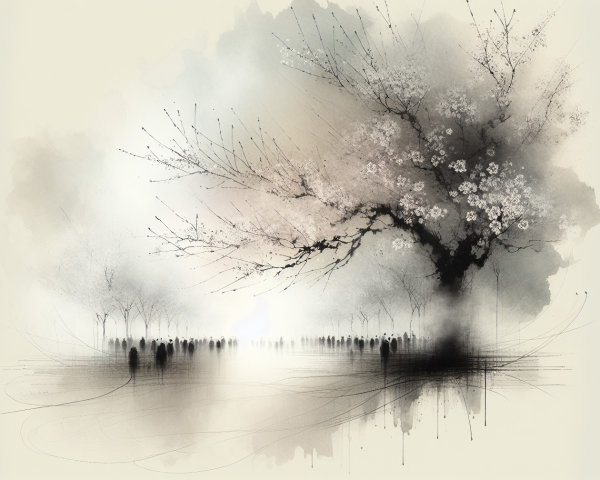 Serene Landscape with Cherry Blossoms and Misty Ambiance