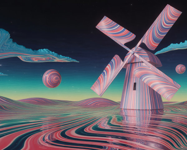 Surreal Landscape with Colorful Windmill and Planets