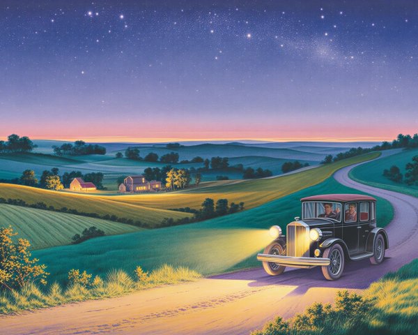 Vintage Car on Winding Road at Dusk with Stars