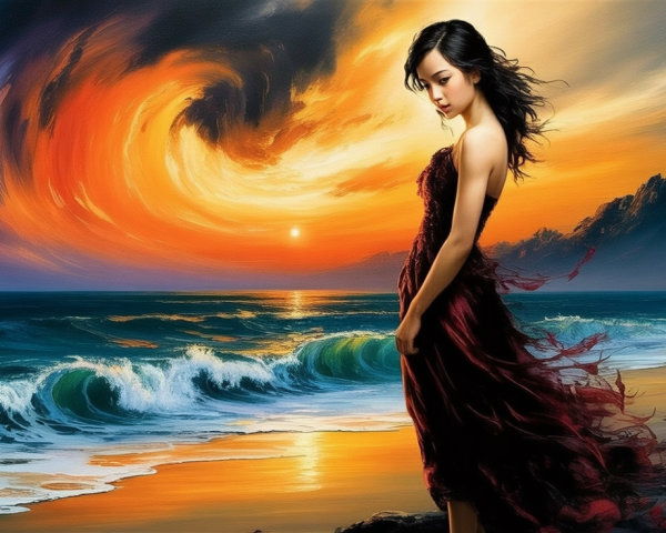 Coastal Sunset with Woman in Red Dress by Water