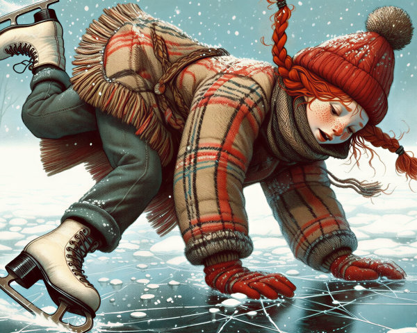 Girl Ice Skating on a Frozen Lake in Winter Snow