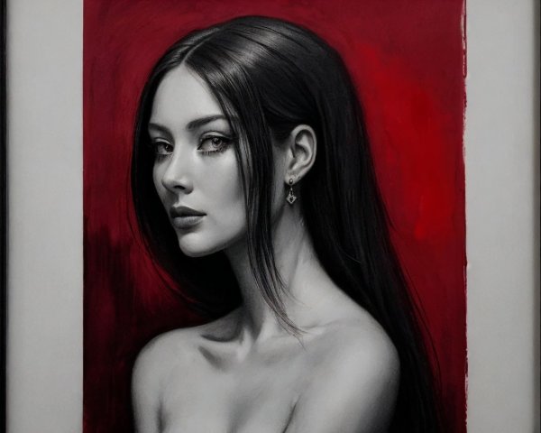 Portrait of a Young Woman with Black Hair and Red Background