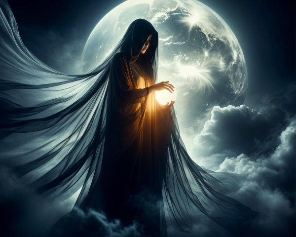 Mysterious Figure in Black Fabric Under Full Moon