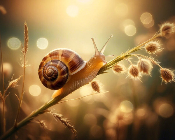 Close-Up of Snail on Grass with Golden Bokeh Background