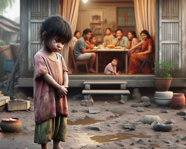 Contrast of a Solitary Girl and Family Meal Scene