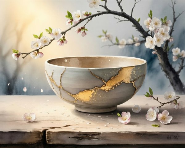 Elegant Bowl with Gold Cracks and Cherry Blossoms