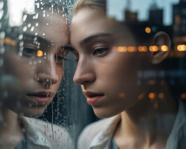 Young Woman Reflecting by a Rainy Window