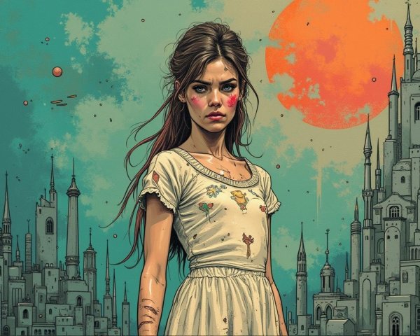 Young girl in whimsical dress amidst a dreamlike landscape