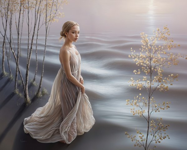 Young Woman in Ethereal Landscape with Golden Foliage
