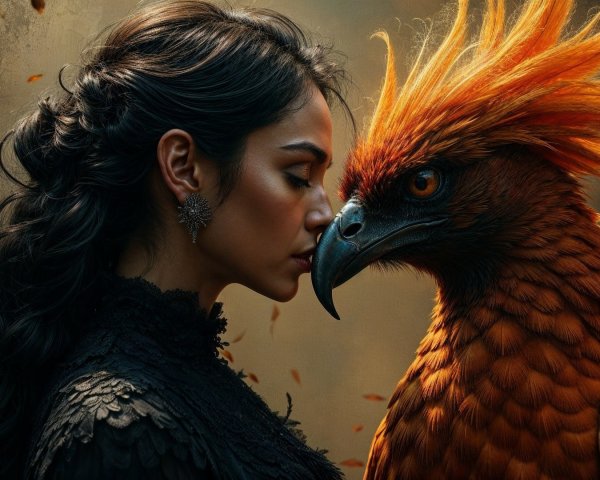 Woman with Griffin in Enchanted Forest Setting