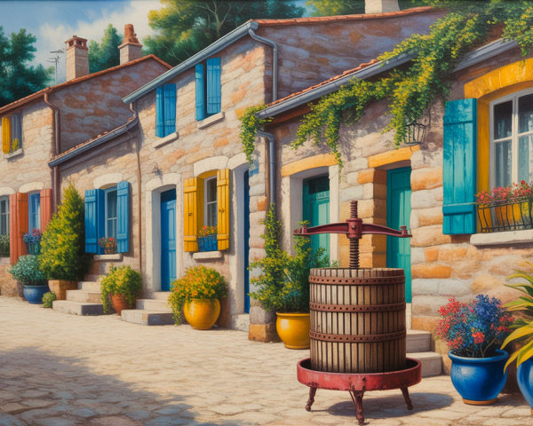 Charming Village Street with Stone Cottages and Vines