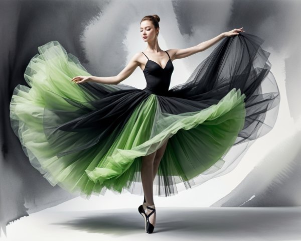 Ballerina in Black and Green Tulle Skirt Dancing Elegantly