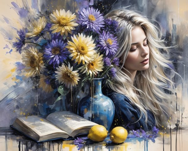 Portrait of a woman with flowers and an open book