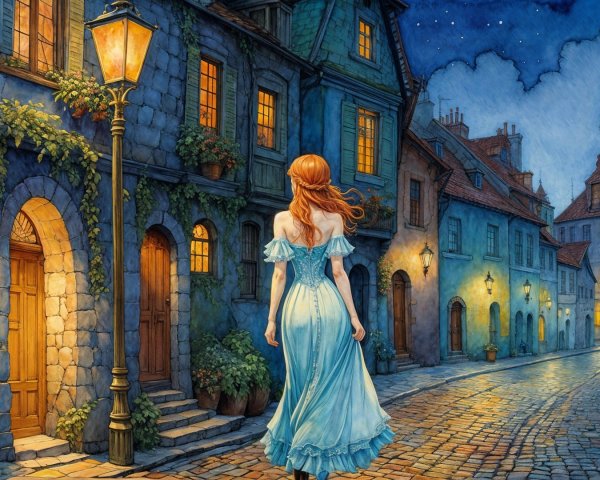 Young woman in blue dress on cobblestone street at dusk
