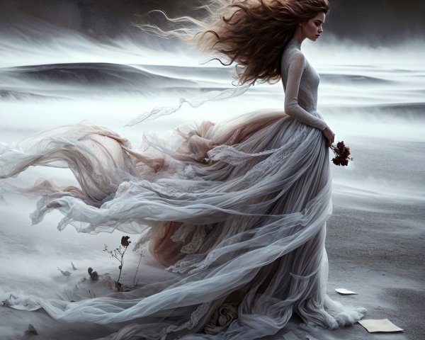 Ethereal woman in flowing gown on windswept beach