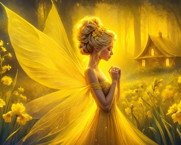 Fairy in Yellow Gown in Sunlit Forest Setting