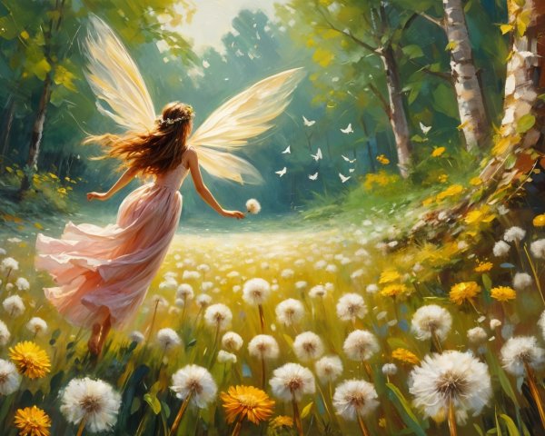 Whimsical scene of a girl with fairy wings in a meadow