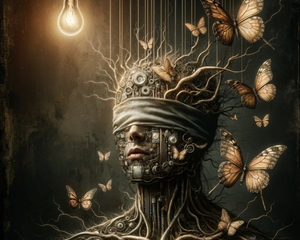 Surreal Figure with Mechanical Head and Butterflies