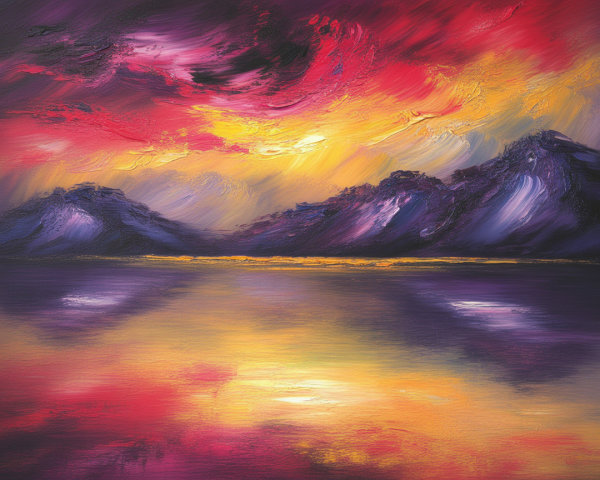 Dramatic Landscape Painting with Fiery Sunset Colors