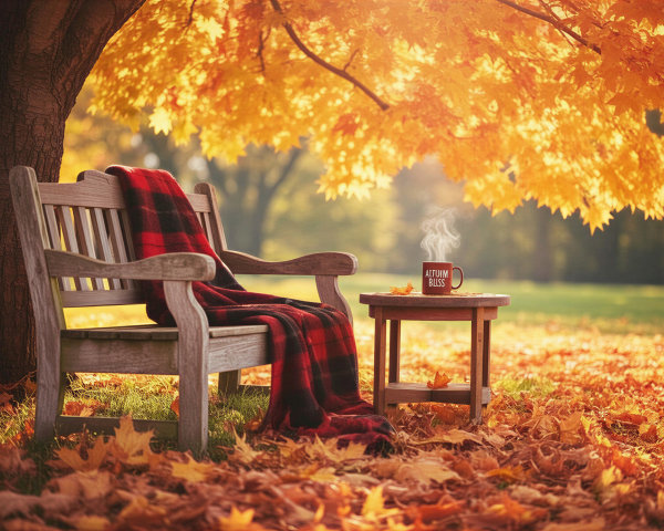 Cozy Bench Under Vibrant Autumn Tree with Blanket