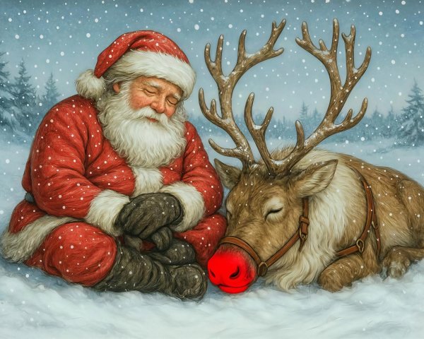 Santa Claus and Reindeer Sleeping in Snowy Scene