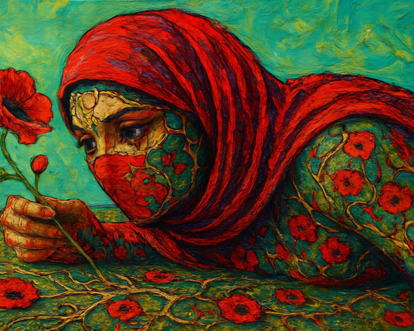 Expressionist painting of a woman with red veil and poppies