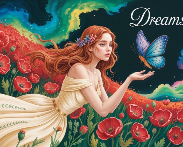 Young woman in cream dress with butterfly and poppies