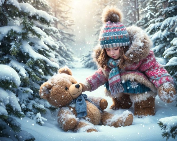Winter Forest Scene with Girl and Teddy Bear